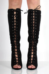 Alicia Black Suede Knee High Lace Up Boots-Boots