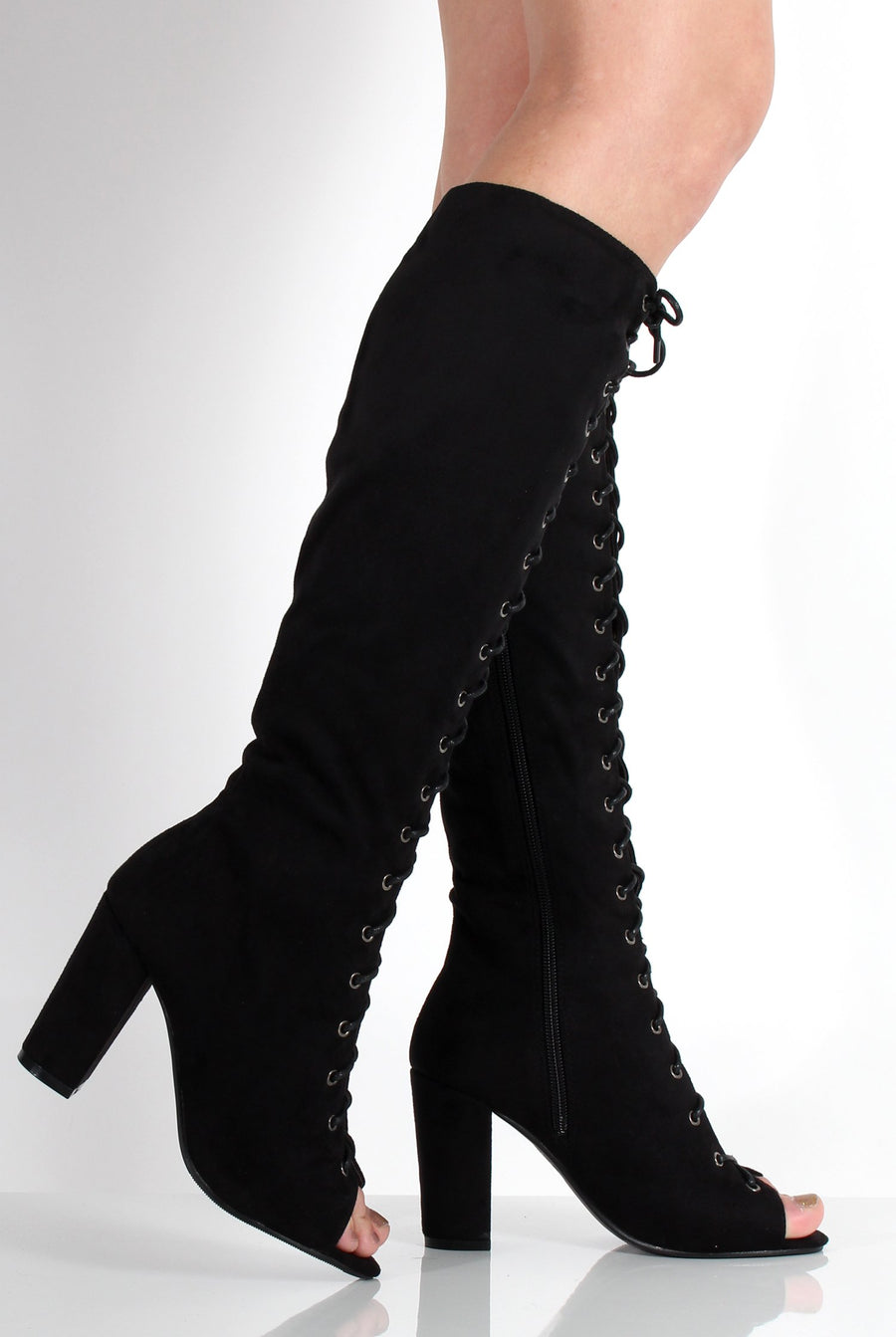 Alicia Black Suede Knee High Lace Up Boots-Boots