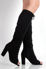 Alicia Black Suede Knee High Lace Up Boots-Boots