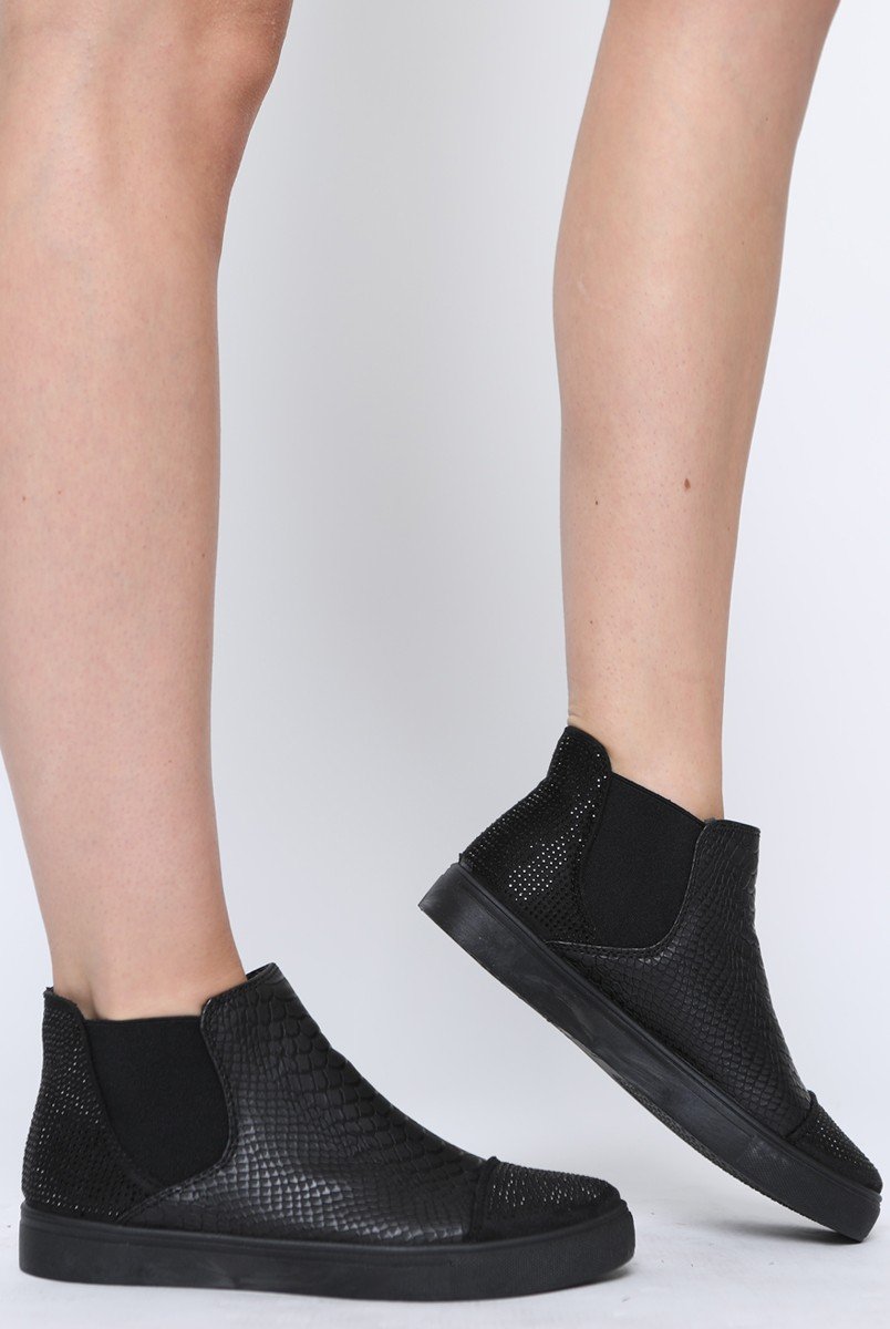All Black Snakeskin Diamante High Top Trainers - Kaia-Trainers