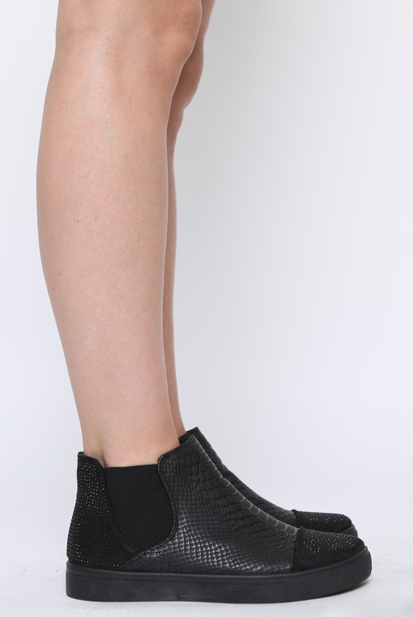 All Black Snakeskin Diamante High Top Trainers - Kaia-Trainers