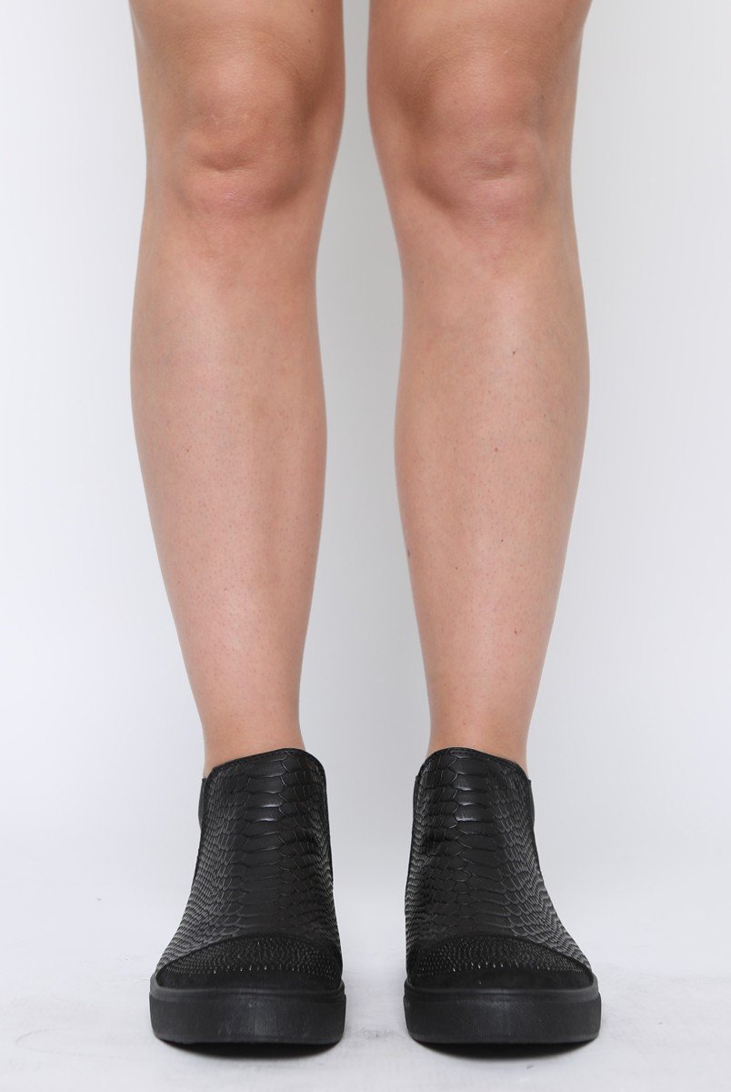 All Black Snakeskin Diamante High Top Trainers - Kaia-Trainers