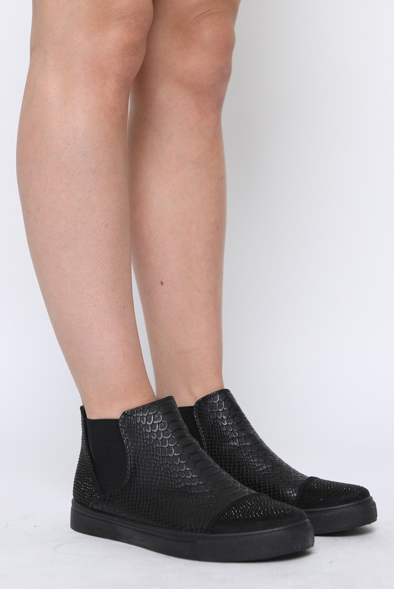 All Black Snakeskin Diamante High Top Trainers - Kaia-Trainers