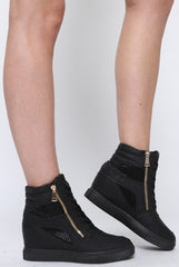 All Black Wedged Diamante Trainers - Adriana-Trainers
