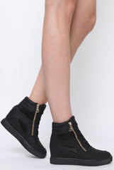 All Black Wedged Diamante Trainers - Adriana-Trainers