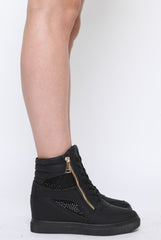 All Black Wedged Diamante Trainers - Adriana-Trainers