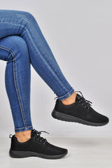 All Black Wedged Sole Lace Up Trainers - Kira-Trainers
