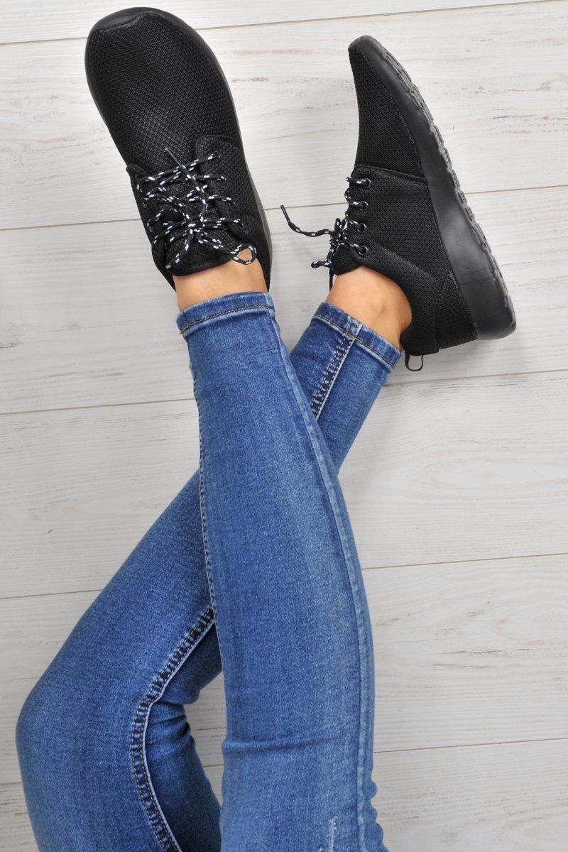 All Black Wedged Sole Lace Up Trainers - Kira-Trainers