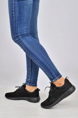 All Black Wedged Sole Lace Up Trainers - Kira-Trainers