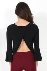 Alyssa Black Split Back Bell Sleeve Top-Tops