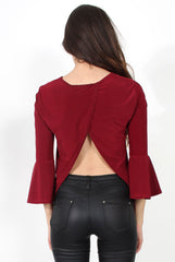 Alyssa Wine Split Back Bell Sleeved Top-Tops