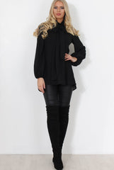 Amber Black Pussy Bow Neck Top-Tops