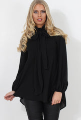 Amber Black Pussy Bow Neck Top-Tops