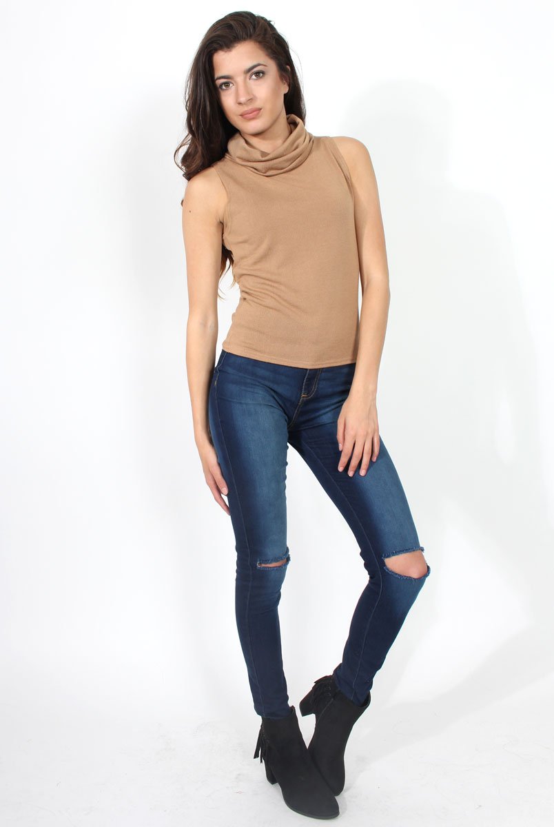 Amber Camel Sleeveless Turtle Neck-Tops