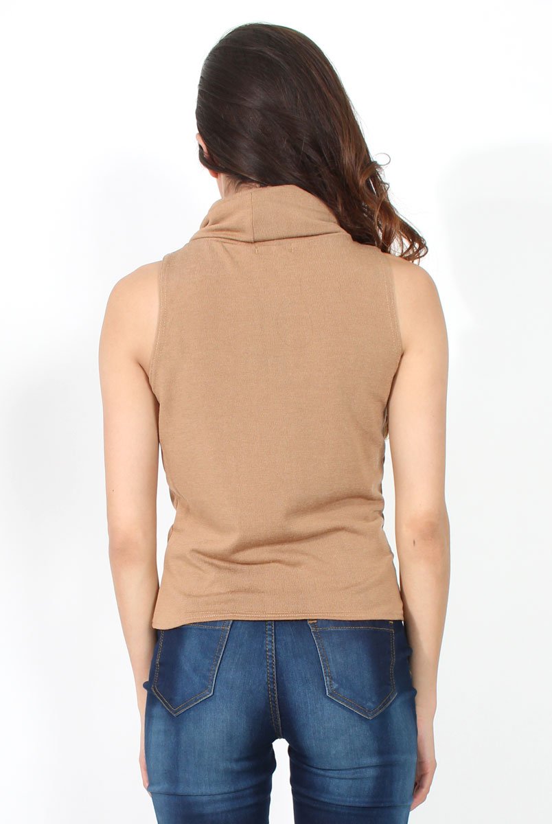 Amber Camel Sleeveless Turtle Neck-Tops