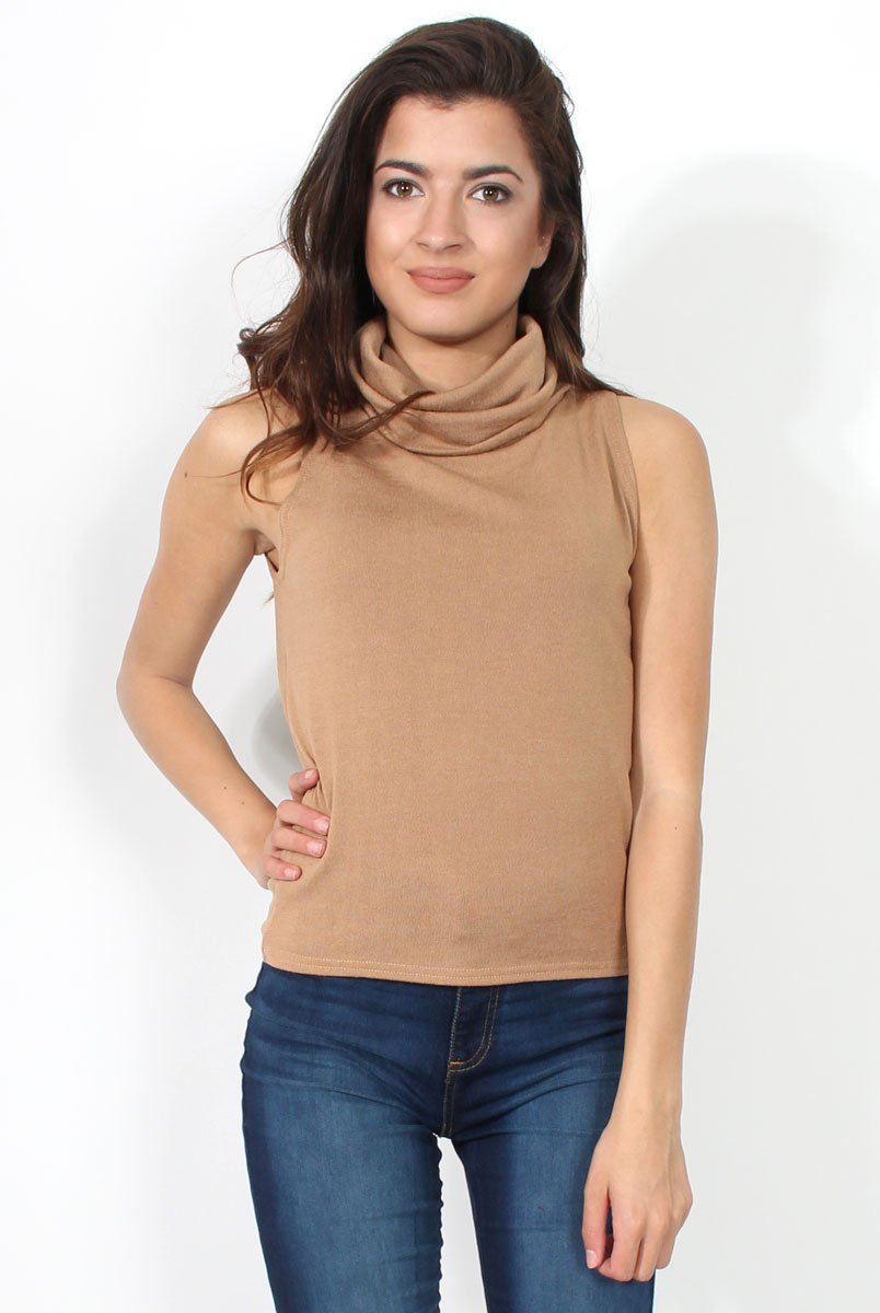 Amber Camel Sleeveless Turtle Neck-Tops
