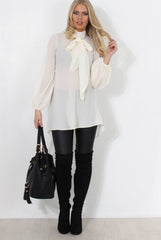 Amber Cream Pussy Bow Neck Top-Tops