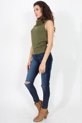 Amber Khaki Sleeveless Turtle Neck Top-Tops