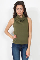 Amber Khaki Sleeveless Turtle Neck Top-Tops