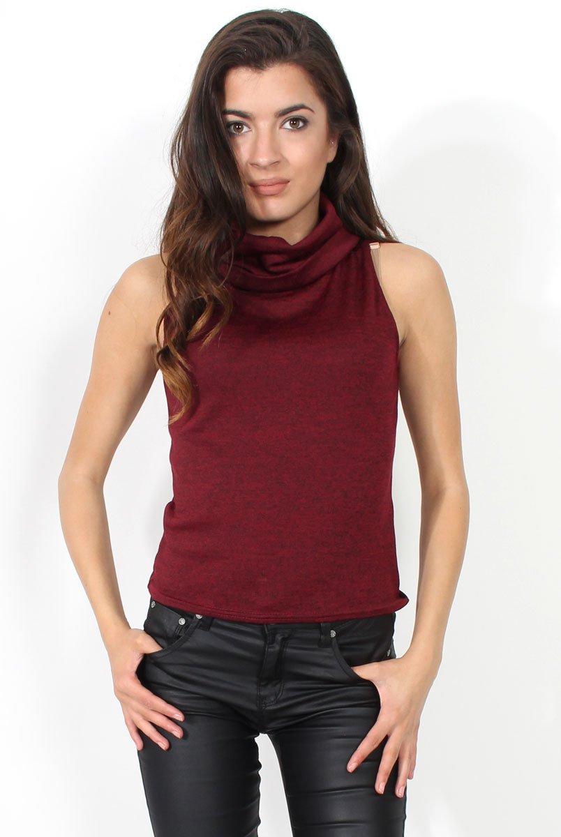 Amber Wine Sleevless Turtle Neck-Tops