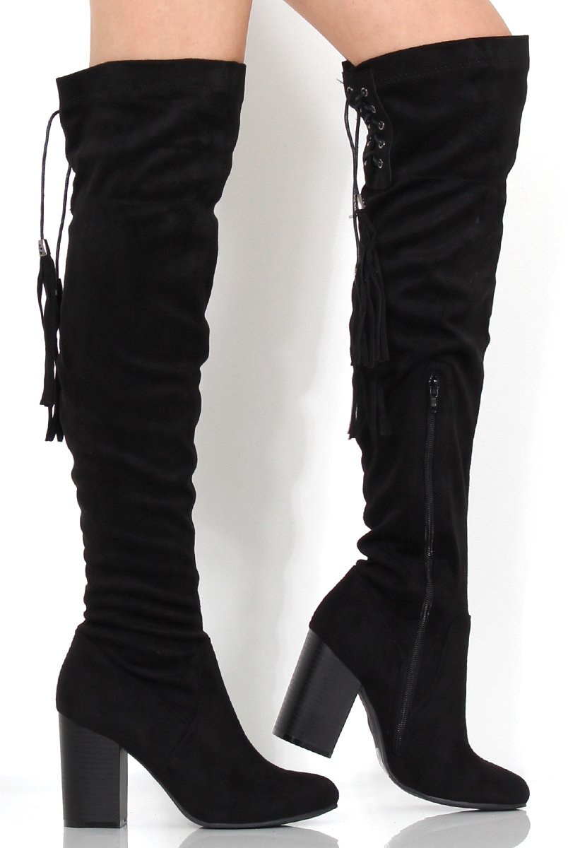 Amelia Black Suede Tassel Boots-Boots