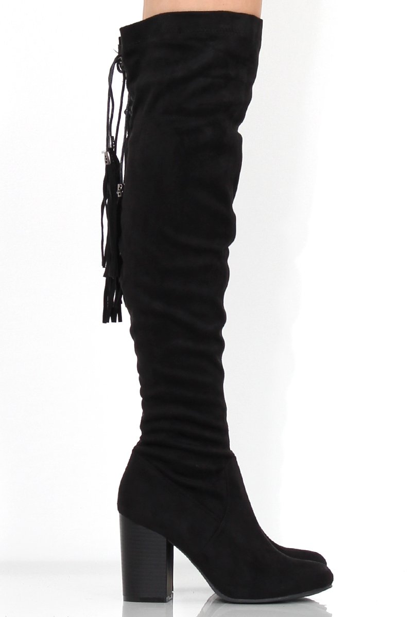 Amelia Black Suede Tassel Boots-Boots