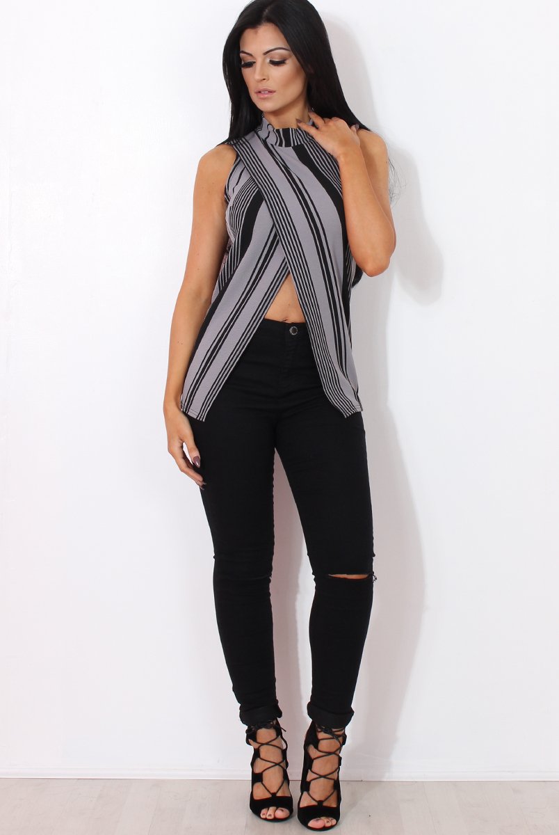 Amera Grey Striped Crossover Top-Tops