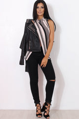 Amera Nude Striped Crossover Top-Tops