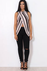 Amera Nude Striped Crossover Top-Tops