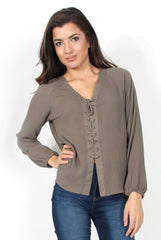 Amira Khaki Tie Front Top-Tops