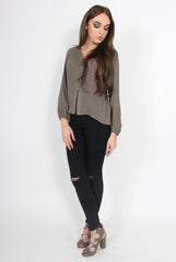 Andrea Grey Long Sleeve Tie Top-Tops