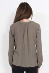 Andrea Grey Long Sleeve Tie Top-Tops