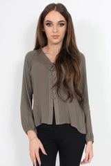 Andrea Grey Long Sleeve Tie Top-Tops