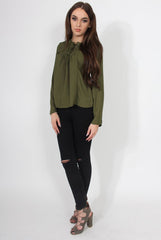 Andrea Khaki Long Sleeve Tie Top-Tops