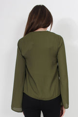 Andrea Khaki Long Sleeve Tie Top-Tops