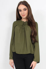Andrea Khaki Long Sleeve Tie Top-Tops