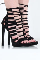 Angel Black Suede Caged Platform Heels-Heels