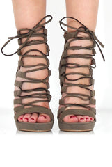 Angel Khaki Suede Caged Platform Heels-Heels