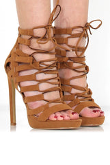 Angel Tan Suede Caged Platform Heels-Heels