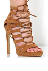 Angel Tan Suede Caged Platform Heels-Heels