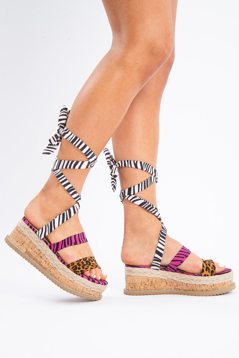 Animal Multi Print Lace Up Platform Wedges - Camara-Wedges