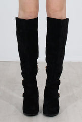 Ansel Black Suede Over The Knee Buckle Boots-Boots