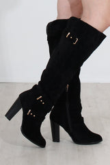 Ansel Black Suede Over The Knee Buckle Boots-Boots