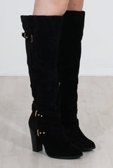 Ansel Black Suede Over The Knee Buckle Boots-Boots