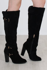 Ansel Black Suede Over The Knee Buckle Boots-Boots