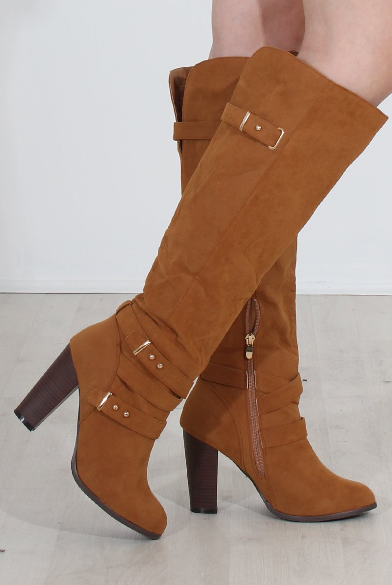 Ansel Tan Over The Knee Buckle Boots-Boots