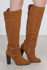 Ansel Tan Over The Knee Buckle Boots-Boots