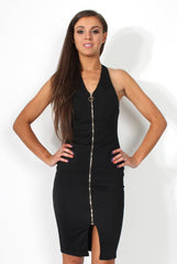 Anya Black Front Zip Halter Neck Dress-Dresses