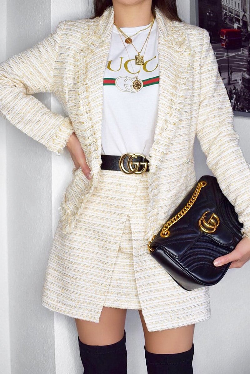 Apricot And Cream Tweed Blazer And Skirt Co-ord - Carah-Co-ords