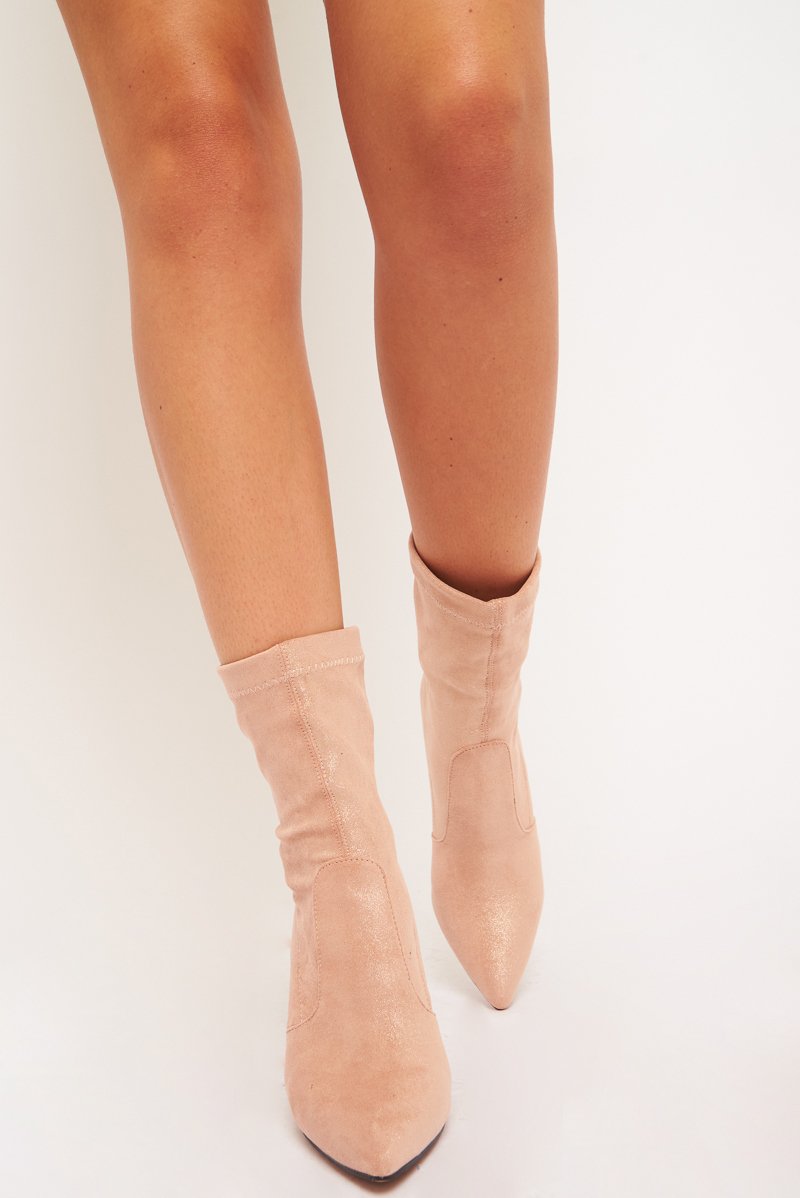 Apricot Faux Suede Diamante Heel Sock Boot - Graylin-Boots